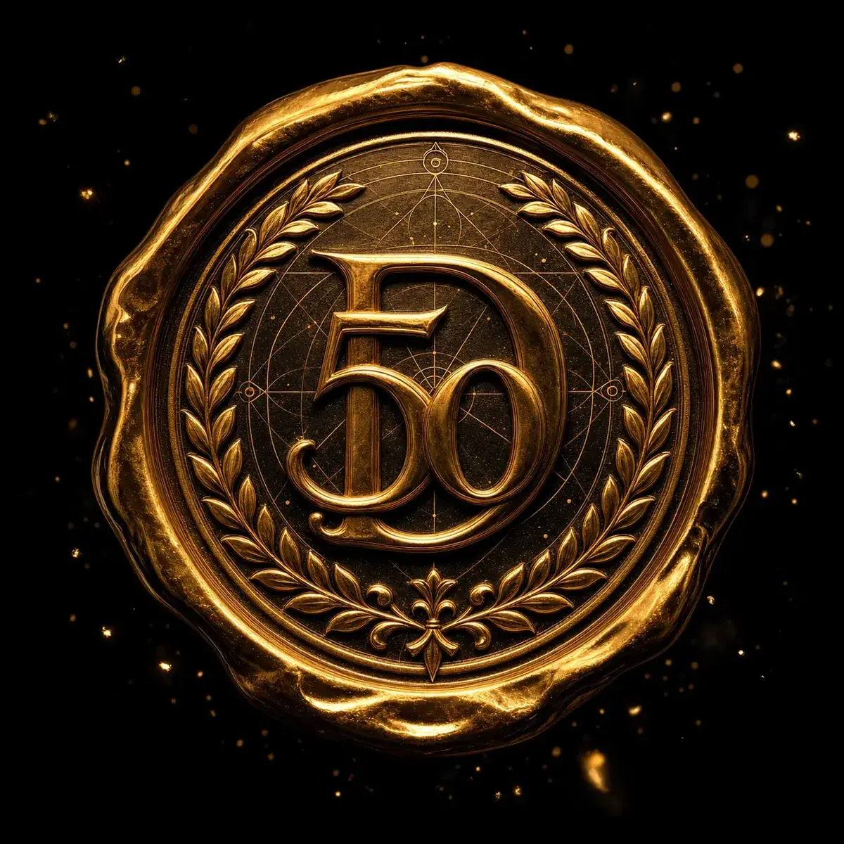 Golden wax seal bearing the D50 monogram
